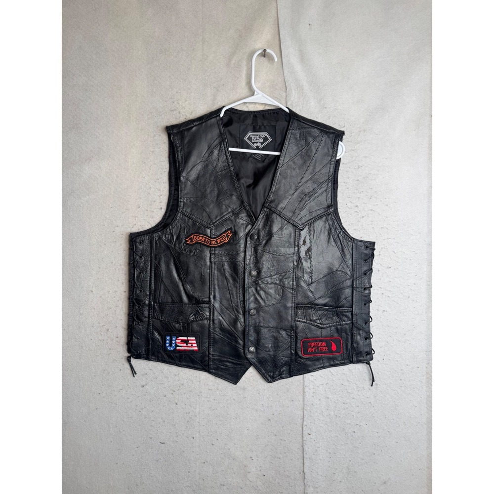 VTG Diamond Plate Buffalo Leather Biker Vest Mens XL Patchwork Motorcycle